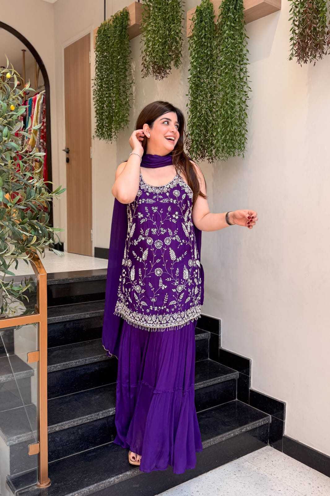 Purple Zari Chinon Embroidery Suit