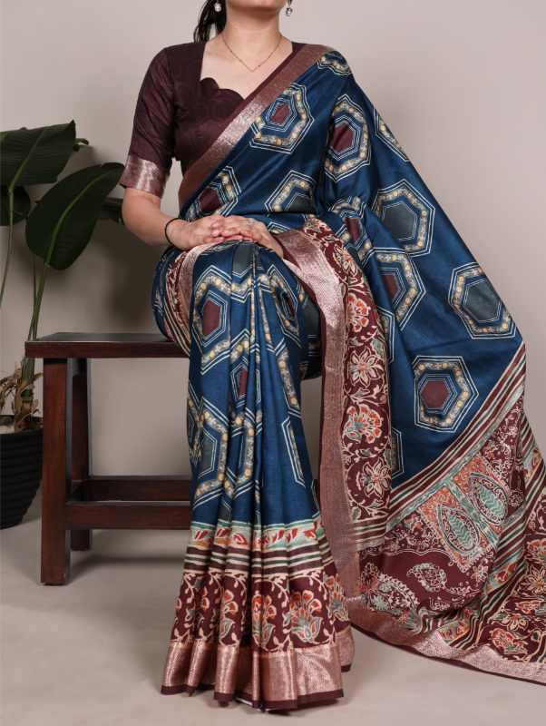 Tussar Silk Printed Saree in Black