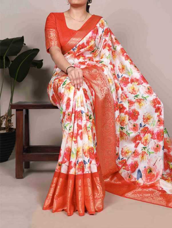 Tussar Silk Designer Saree in Orange