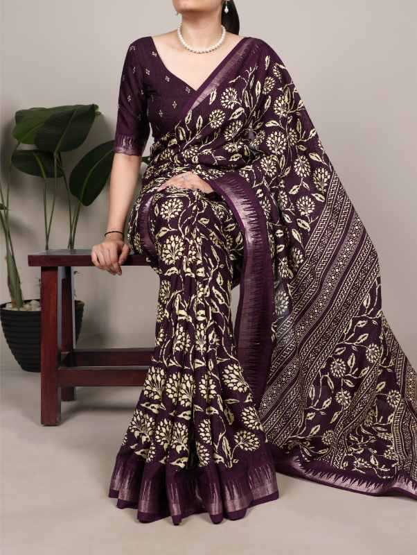 Slub Silk Printed Saree in Red