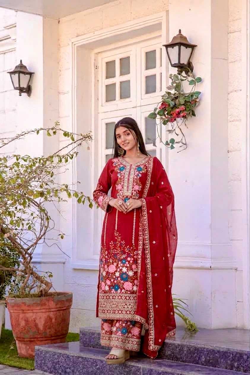 Chinon Silk Embroidery Suit in Rani