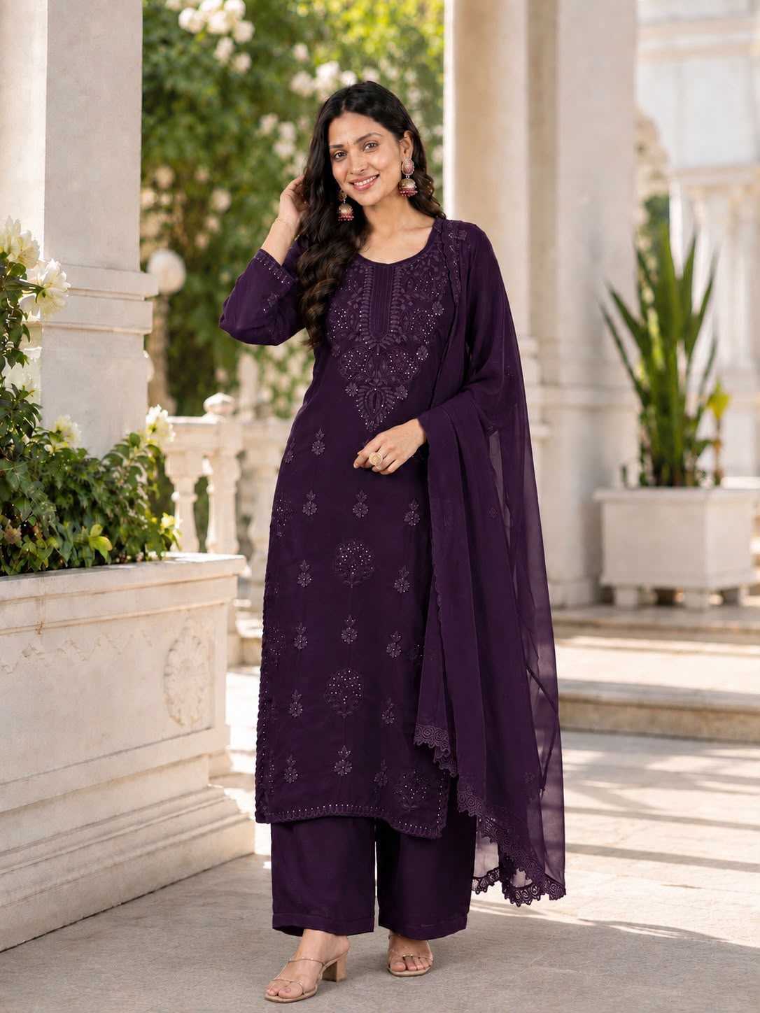 Faux Georgette Embroidery Suit in Red