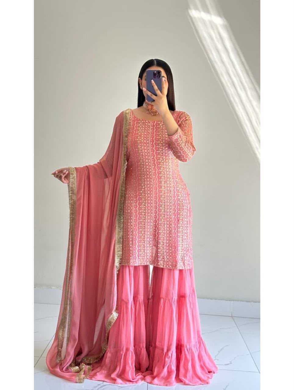 Faux Georgette Embroidery Suit in Sky
