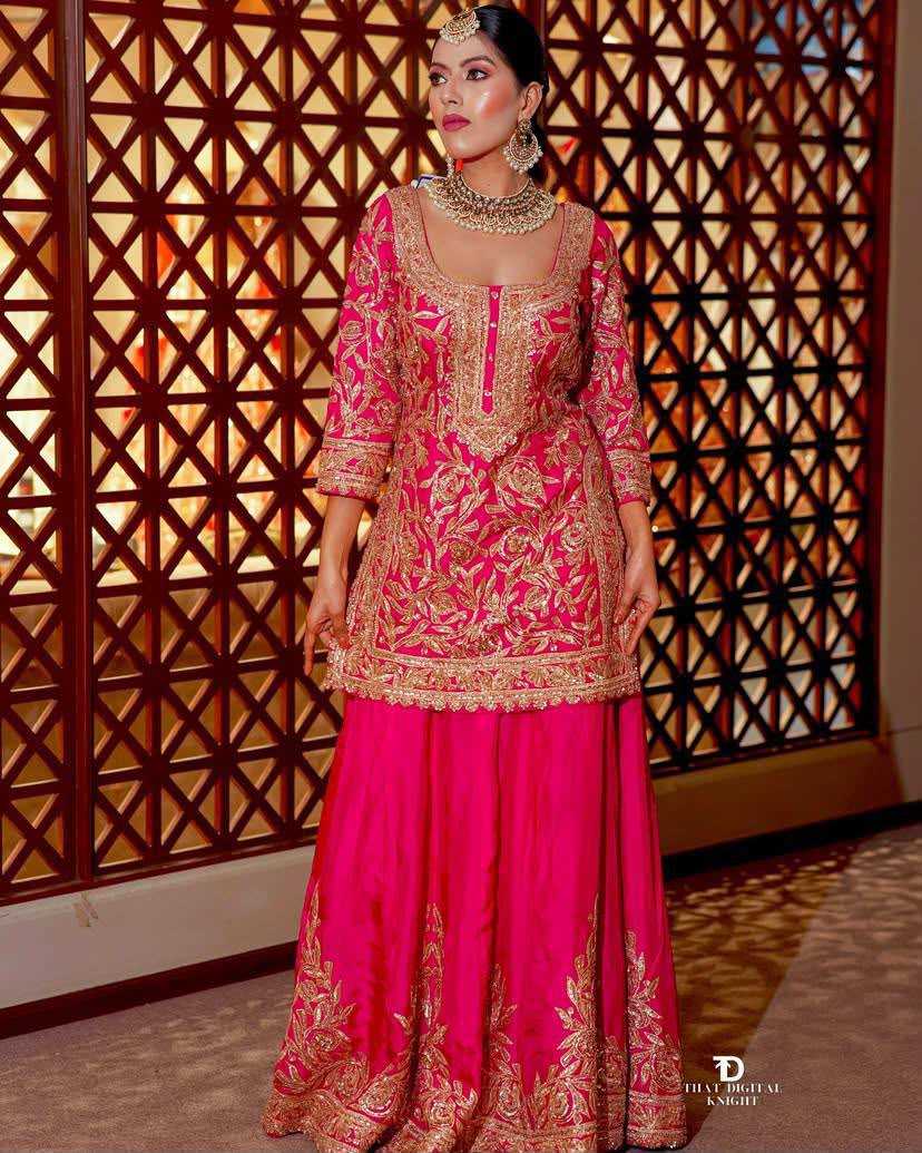 Chinon Silk Sharara Salwar Suit in Green