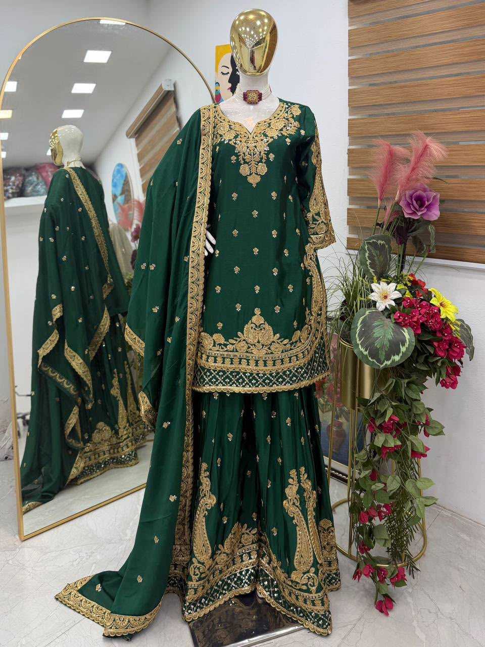 Chinon Silk Sharara Salwar Suit in White