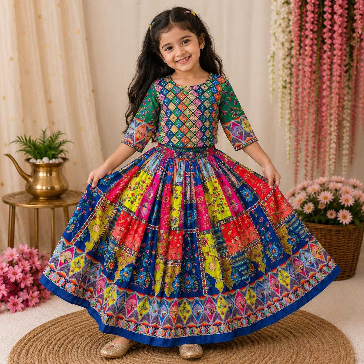 Soft Silk Kids Lehenga in Green