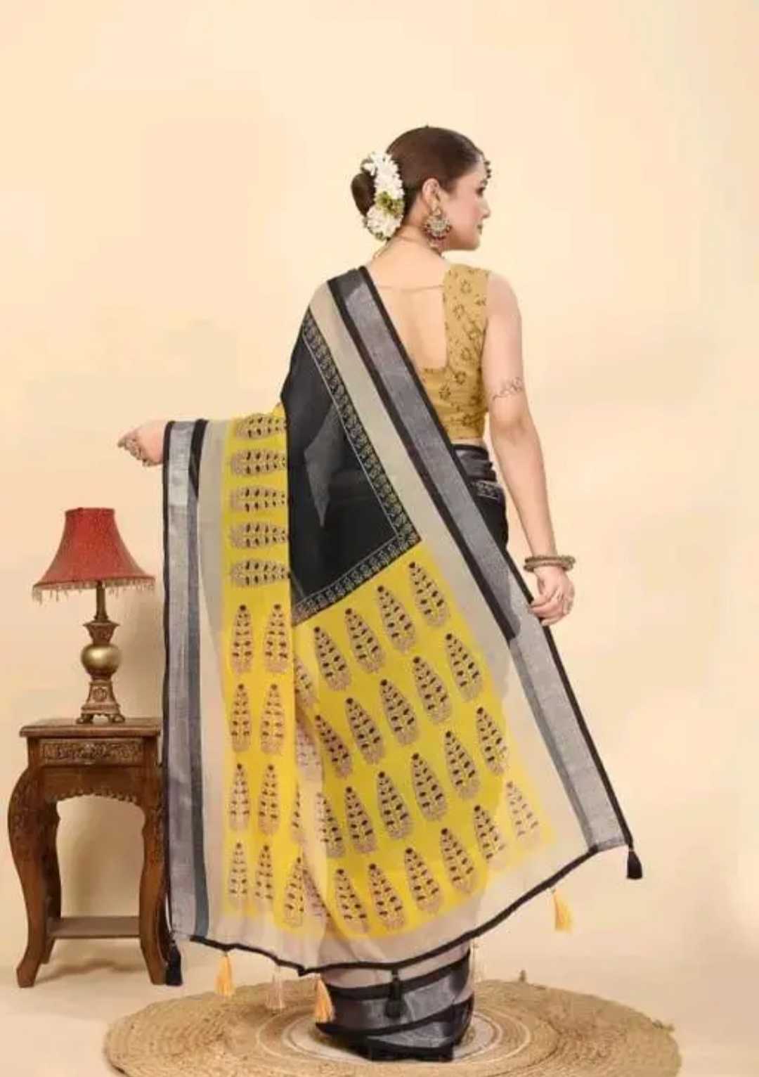 Jamkudi Linen Cotton Saree in Black