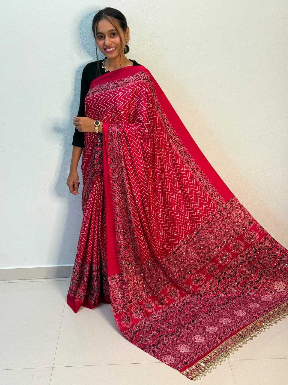 Satin Ajrakh Saree