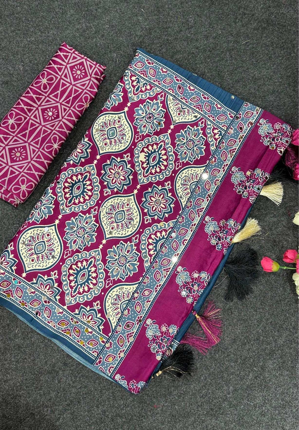 Satin Ajrakh Saree in Wine