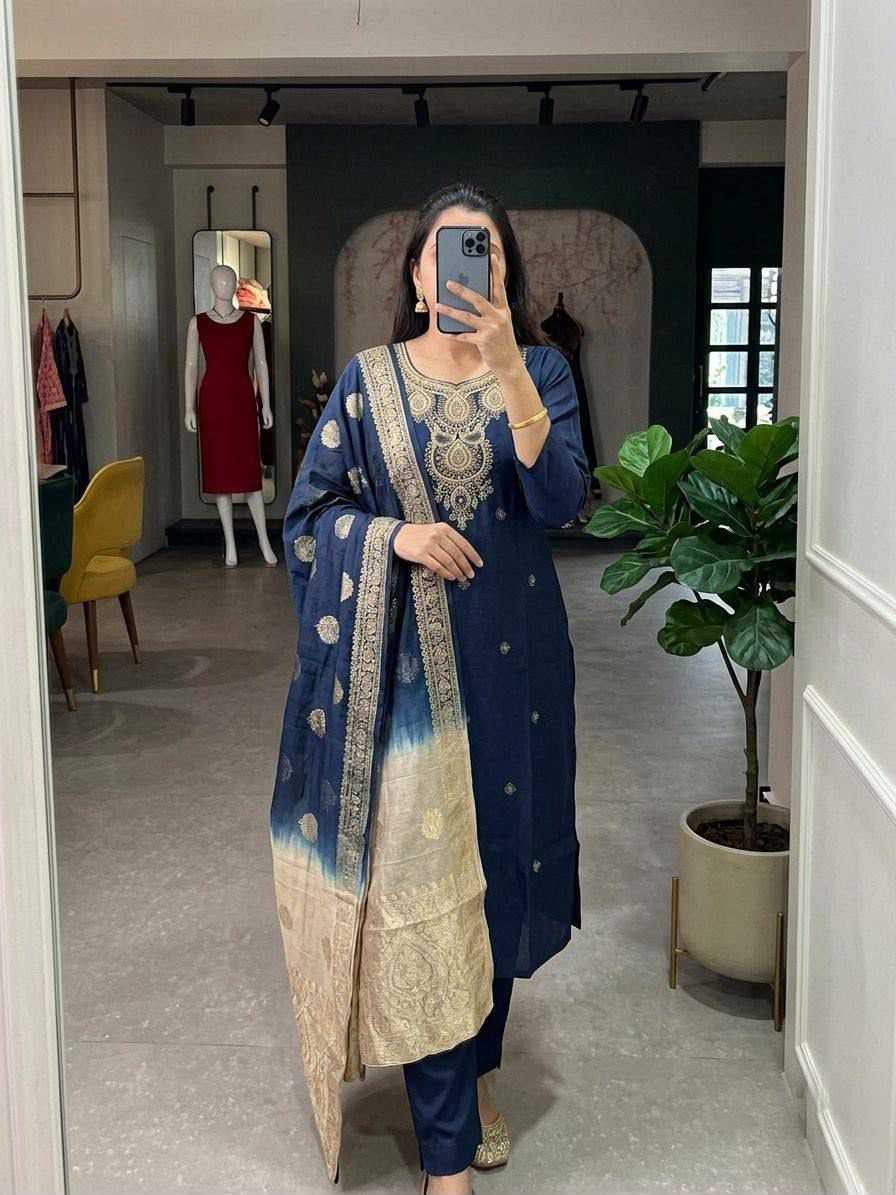 Heavy Roman Silk Festive Kurti in Blue