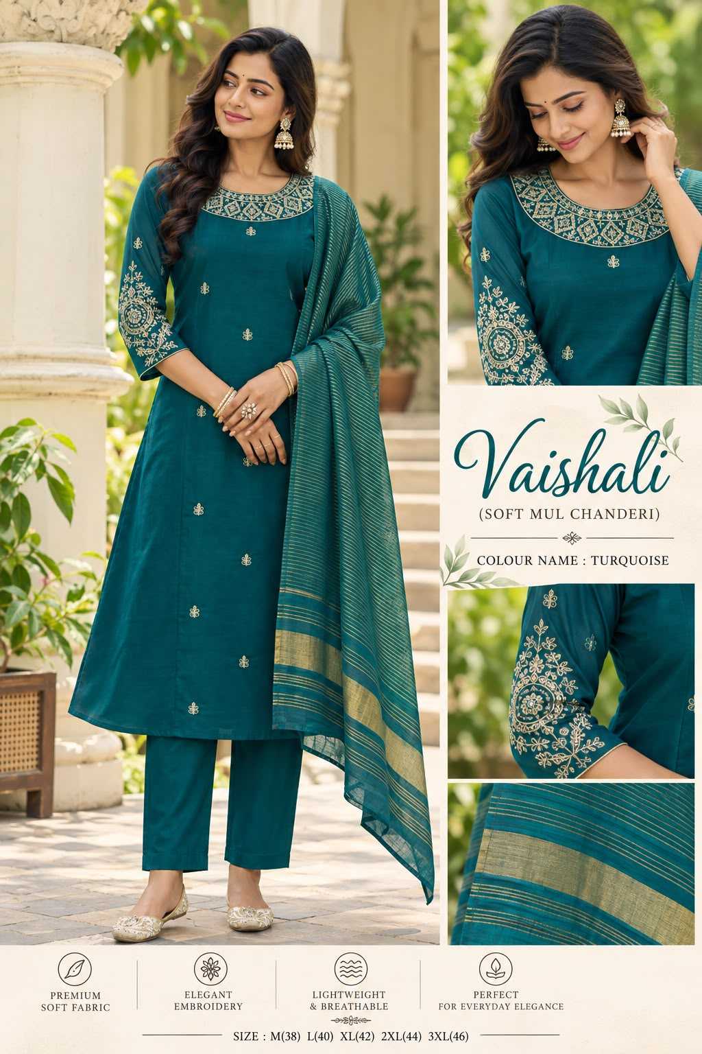 Vaishali Chanderi Silk Embroidery Suit in Sea Blue