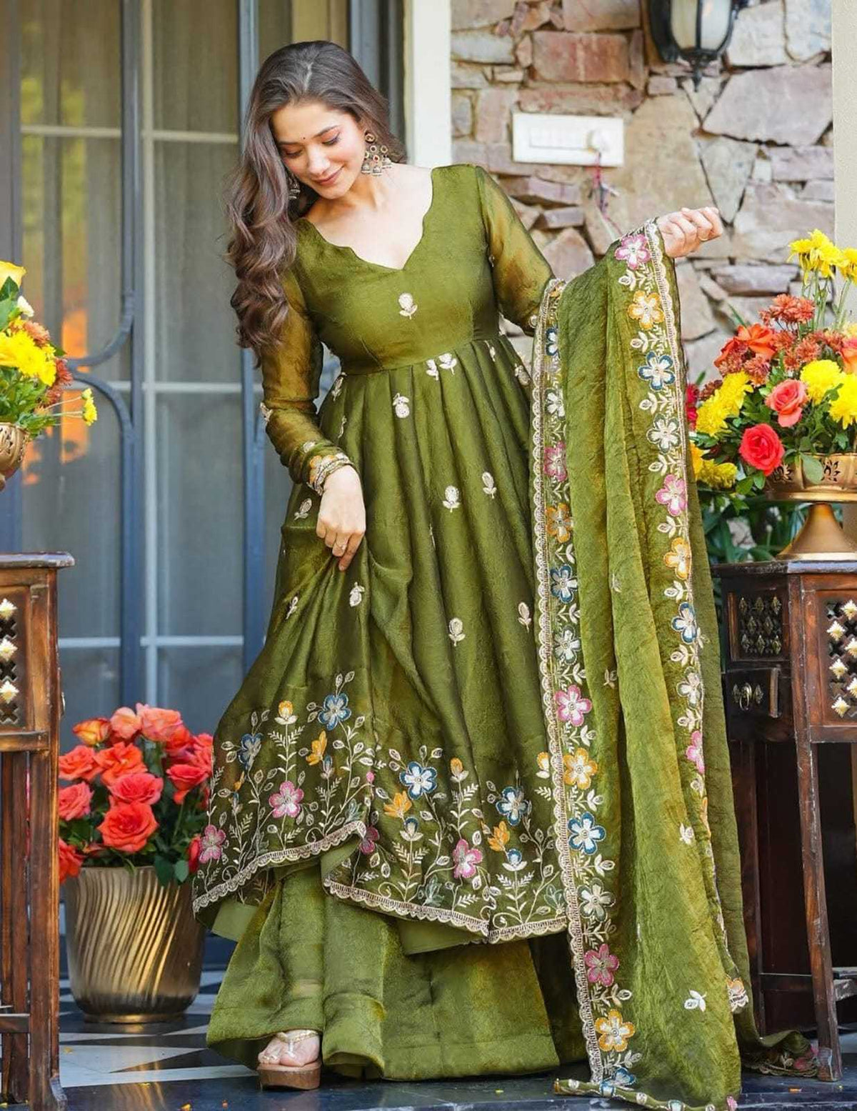 Mehndi Avani Heavy Silk Anarkali Gown