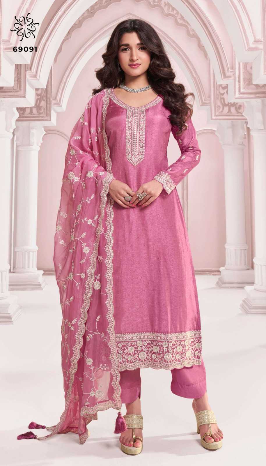 Ashirwad Soft Vichitra Ladies Suit in Peach Orange