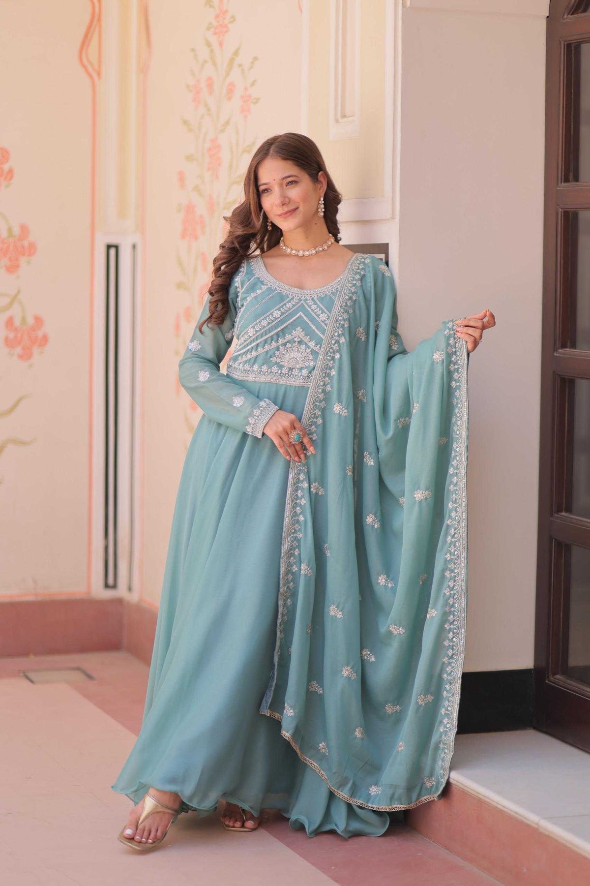 Georgette Embroidery Gown in Brown