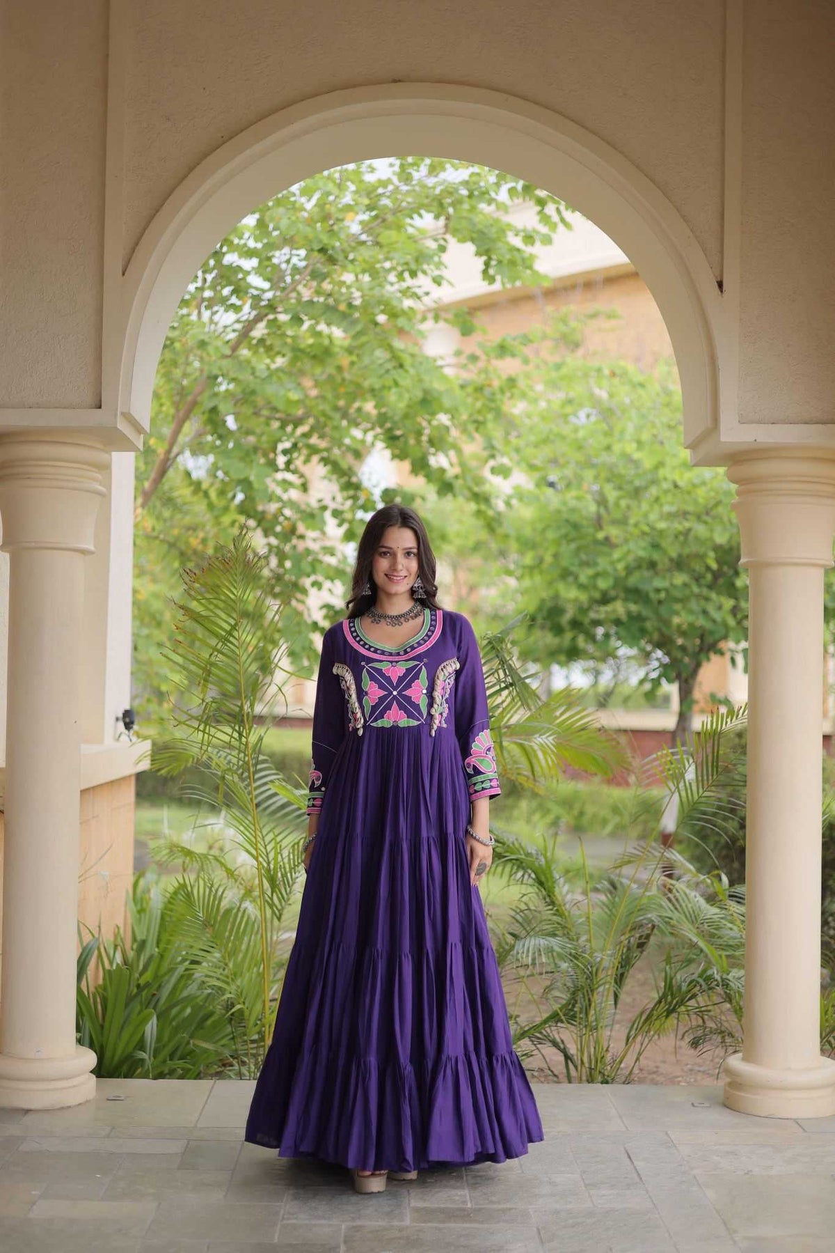 Cotton Embroidery Gown in Violet