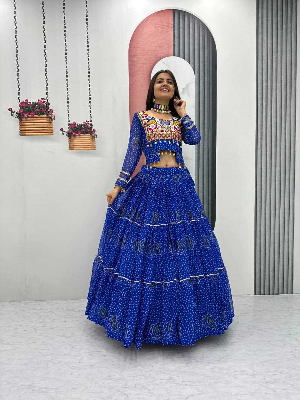 Faux Georgette Embroidered Lehenga in Rani