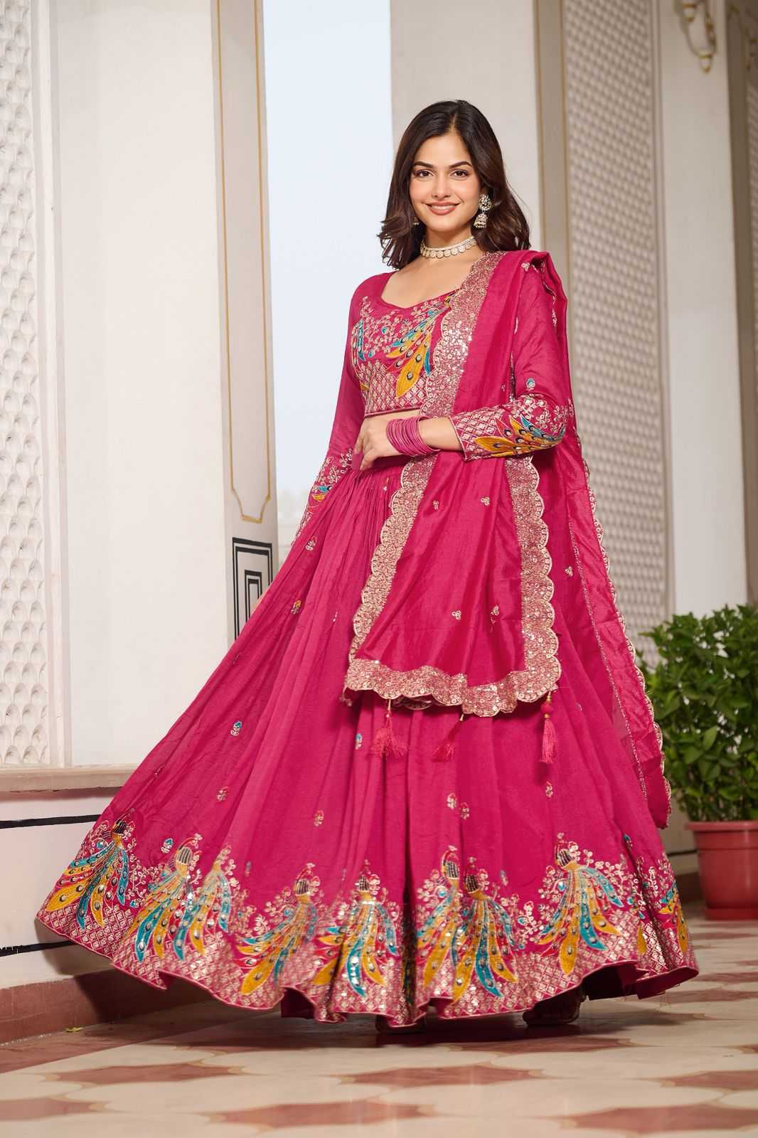 Soft Vichitra Embroidered Lehenga in Morpich