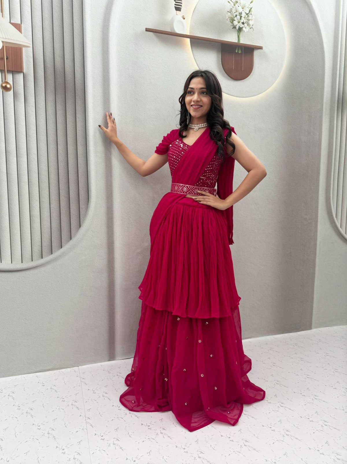 Faux Georgette Lehenga in Dark Wine