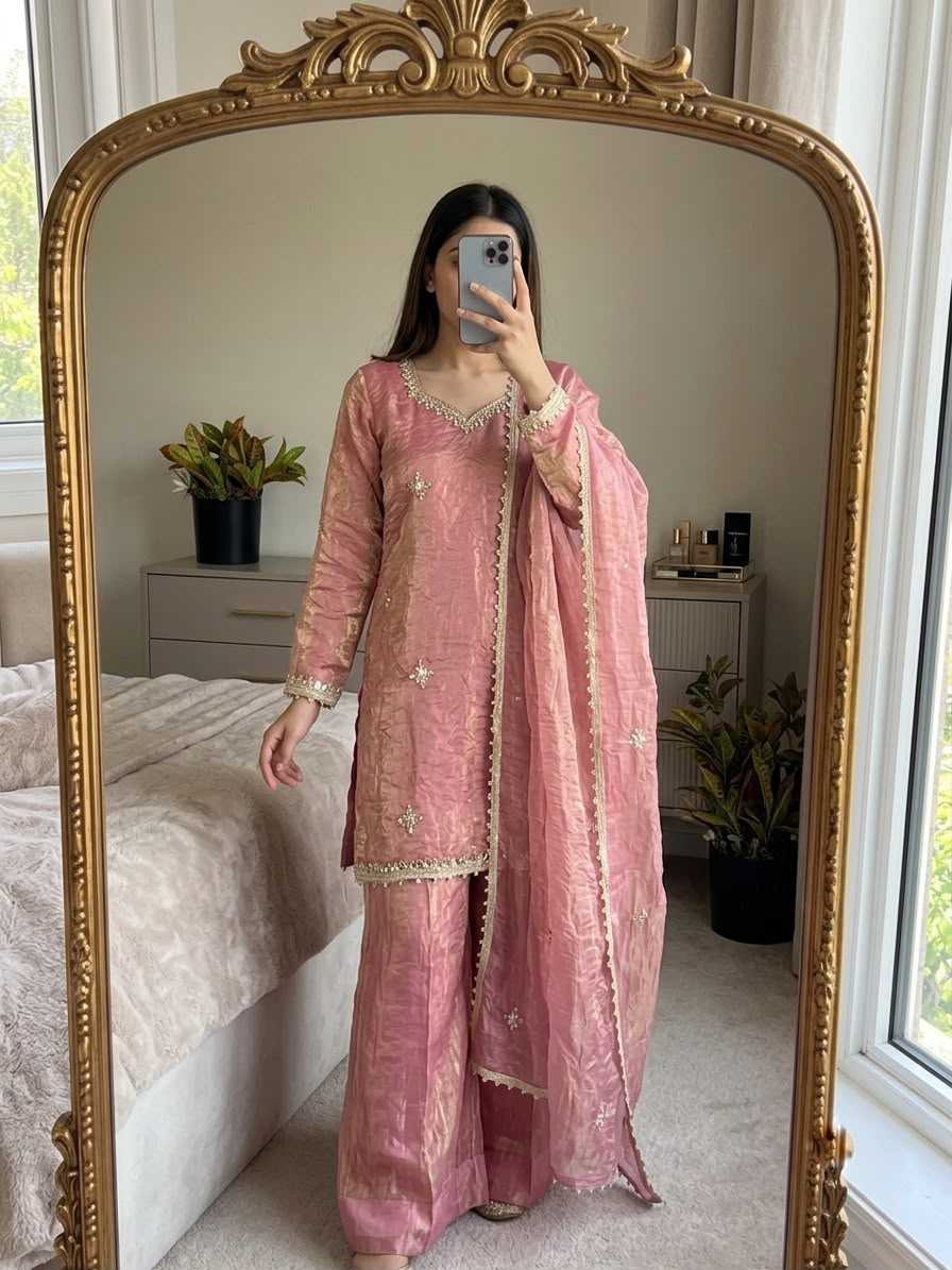Silk Sharara Salwar Suit in Sky