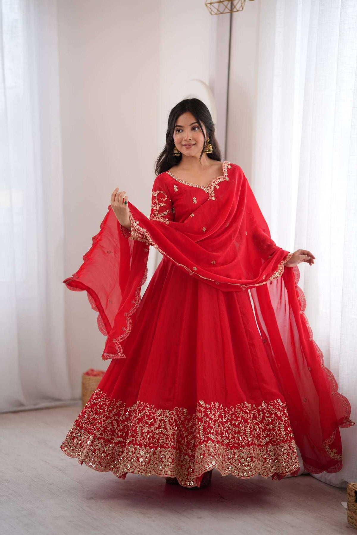Silk Embroidery Gown in Dark Wine