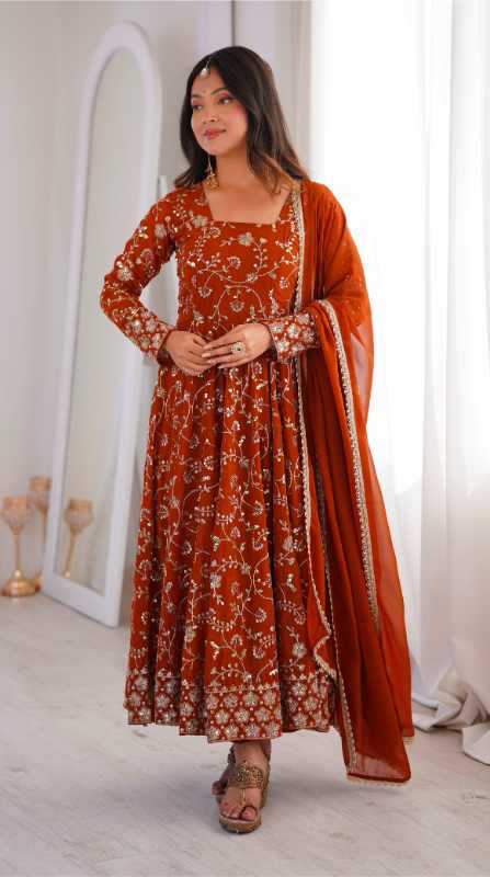 Faux Georgette Fancy Gown in Maroon