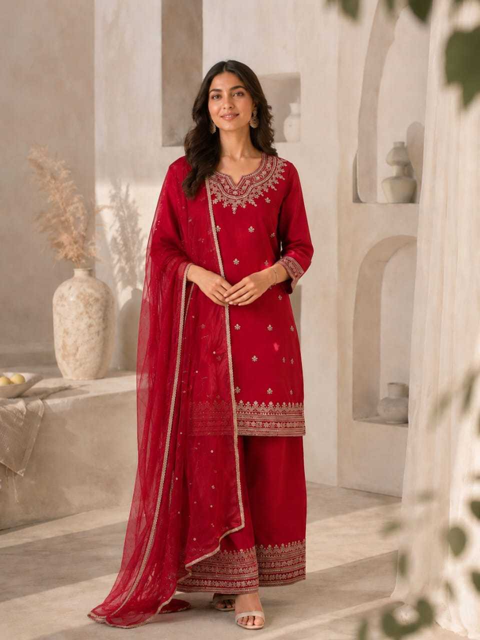 Heavy Roman Silk Embroidery Suit in Sky