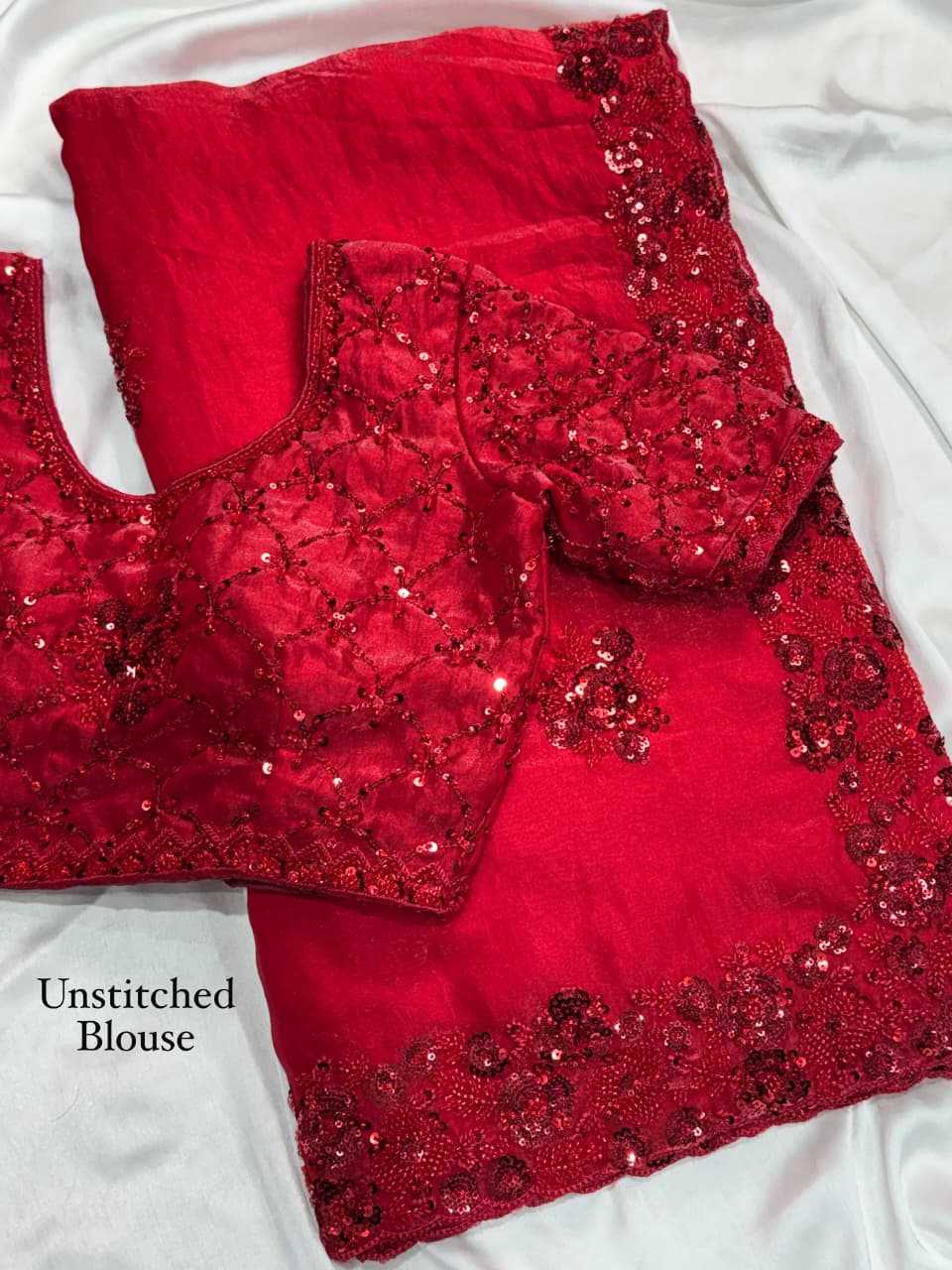 Red Chilly Satin Sequence Saree