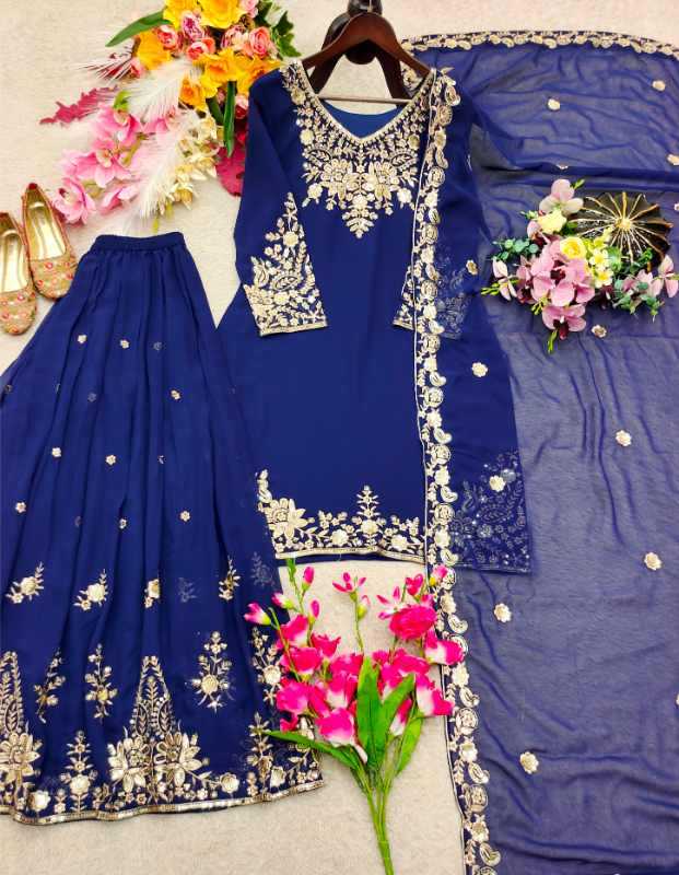 Faux Georgette Sharara Salwar Suit in Navy Blue