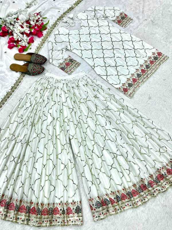 Chinon Silk Sharara Salwar Suit in Green