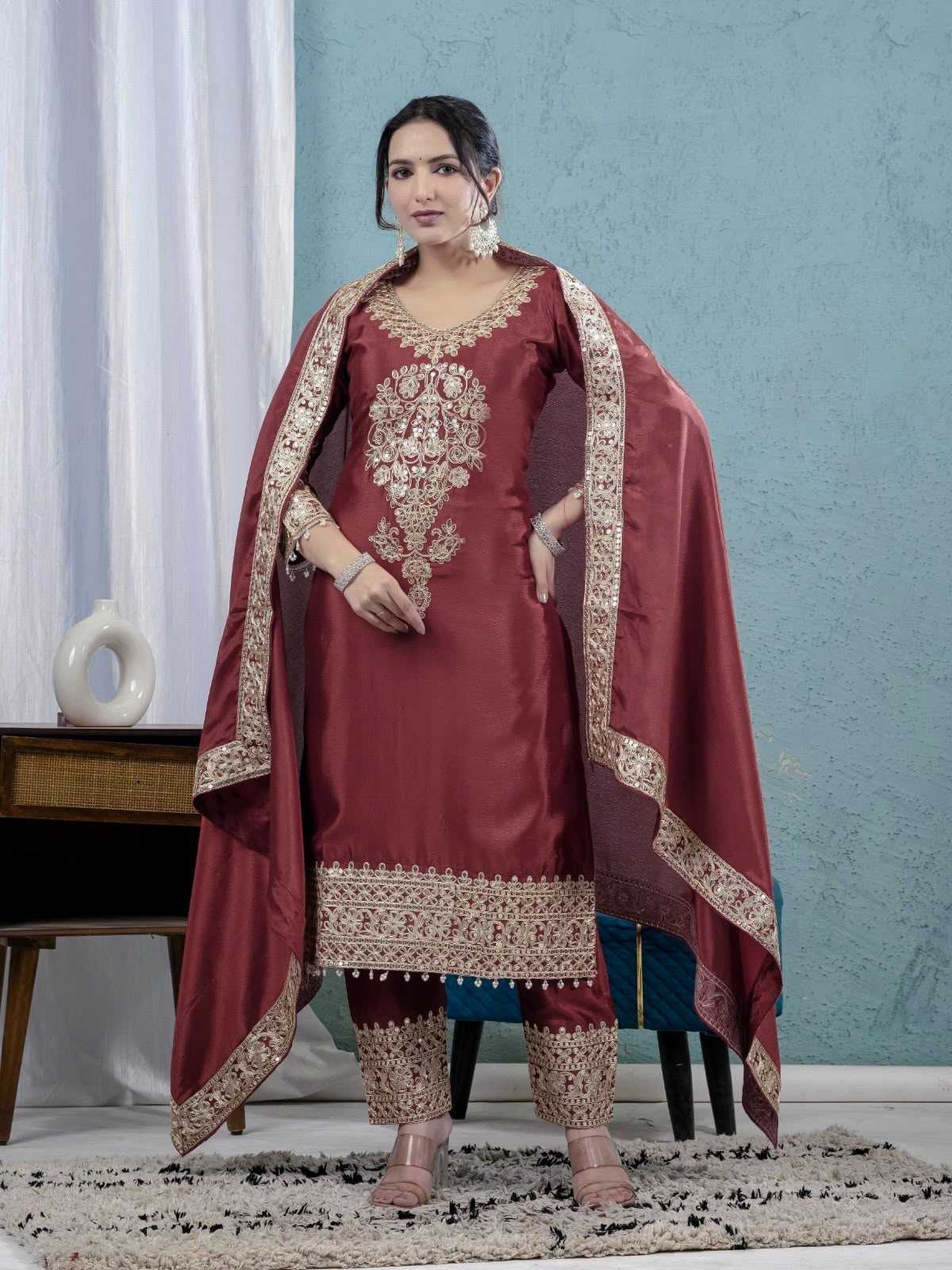 Chinon Silk Embroidery Suit