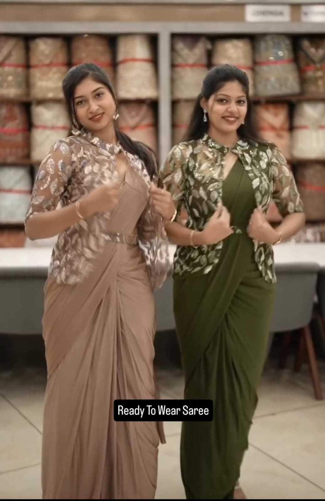 Chinon Silk Ready To Wear Saree in Chikoo