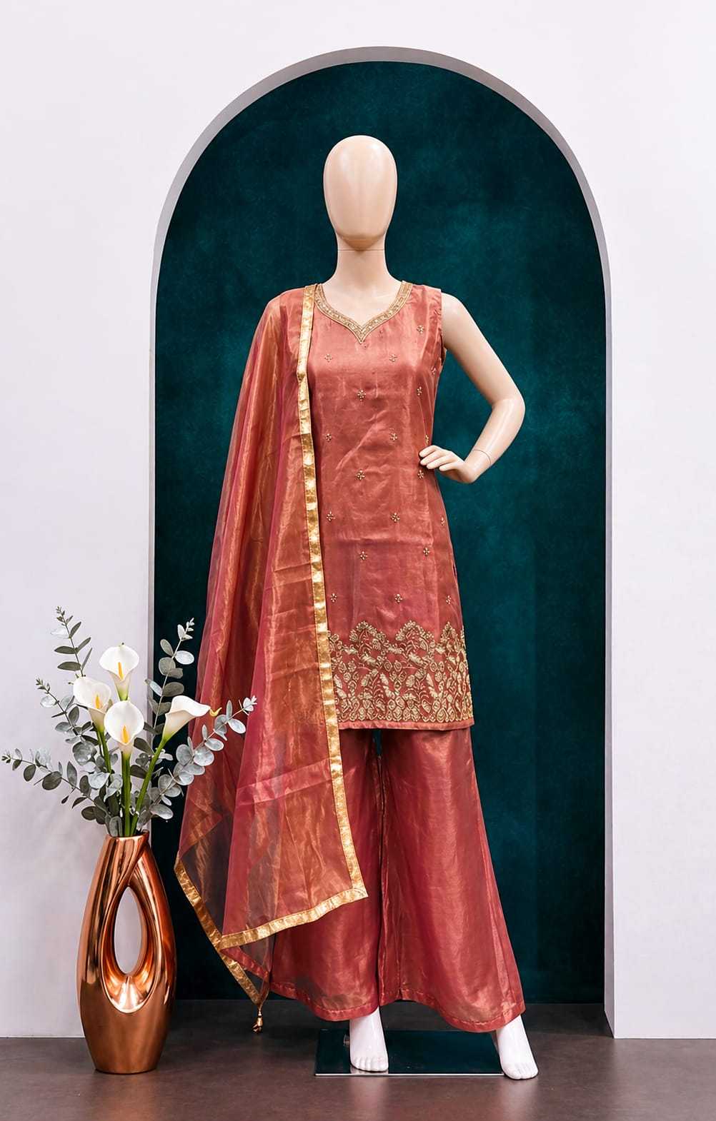 Satin Silk Embroidery Suit in Brown