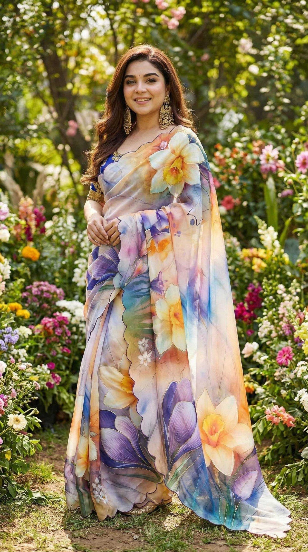 Georgette Printed Saree in Peach