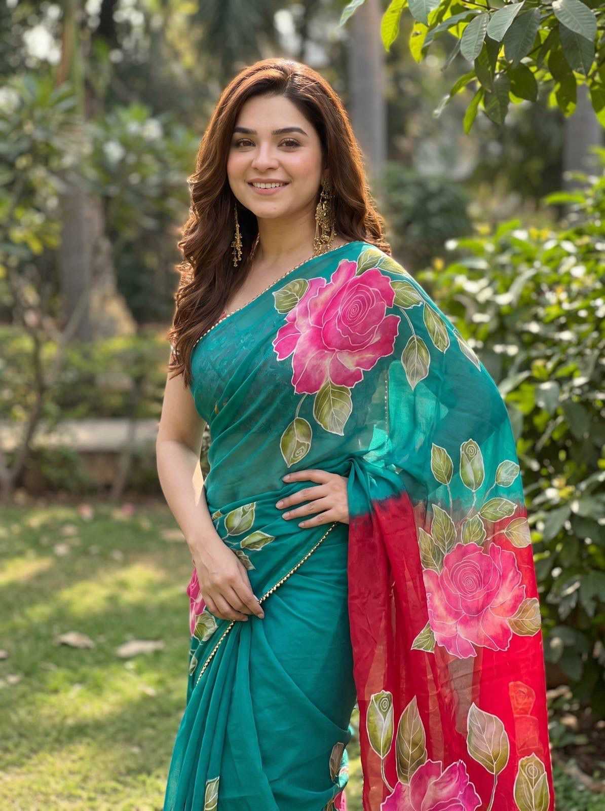 Georgette Printed Saree in Green