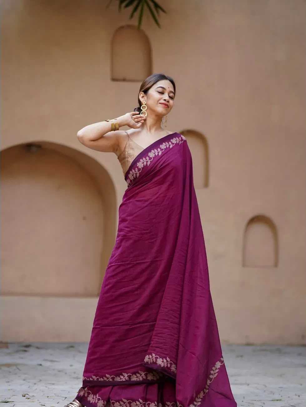 Cotton Printed Saree in Cream