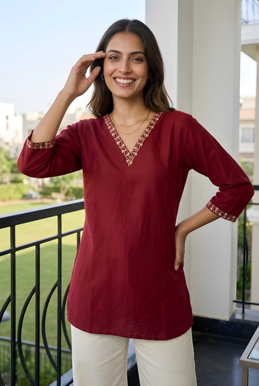 Heavy Roman Silk Embroidered Kurti in Maroon Top