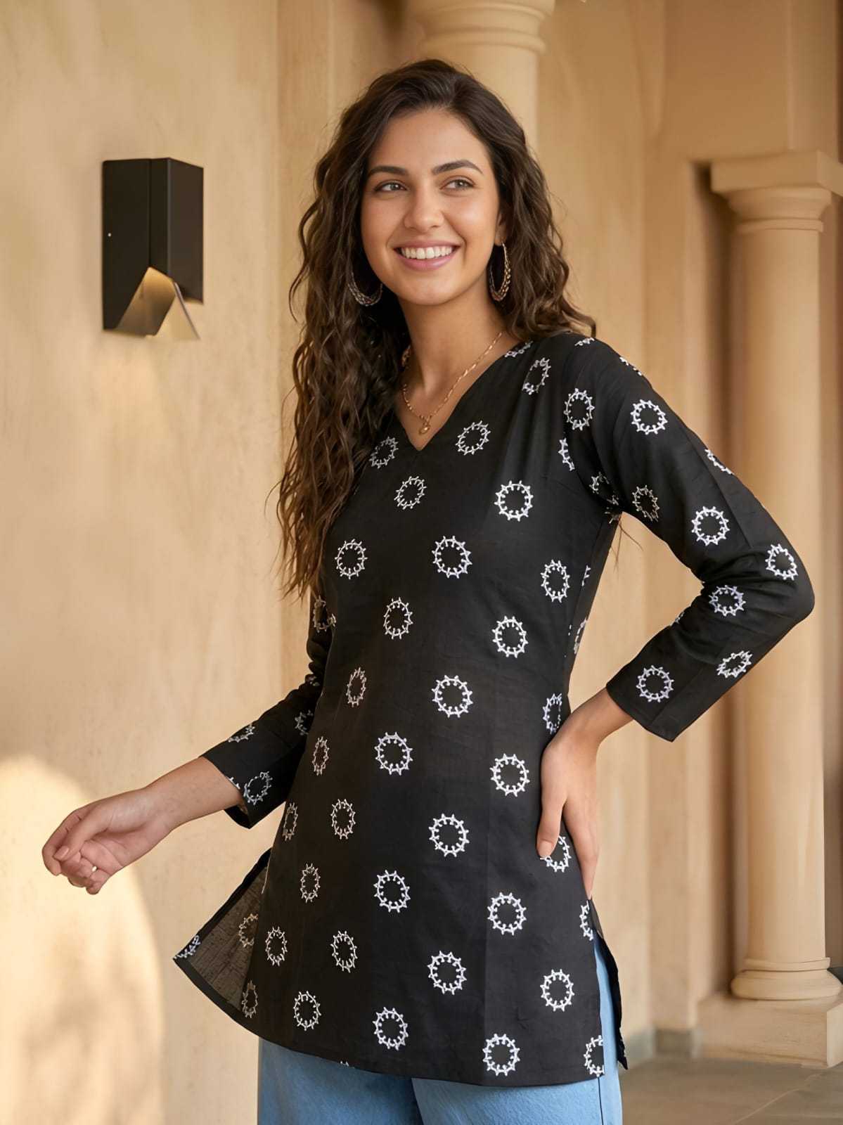 Cotton Short Kurti in Black Top
