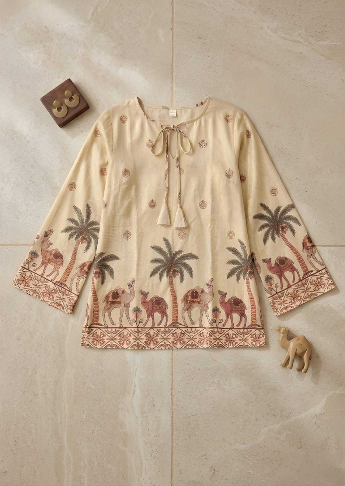 Cotton Printed Kurti in Off-White Top