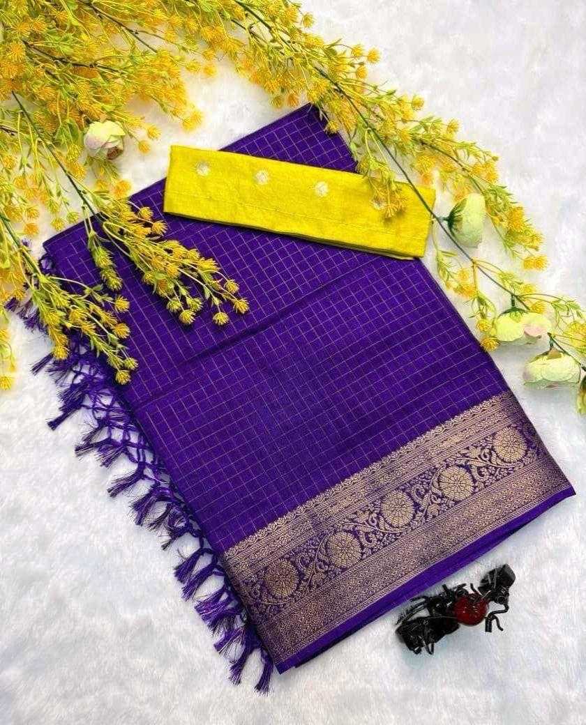 Purple Chex Dola Silk Saree in Green
