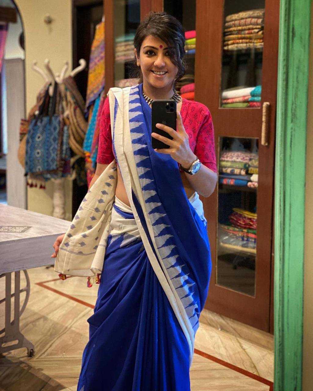 Linen Designer Saree in Navy Blue