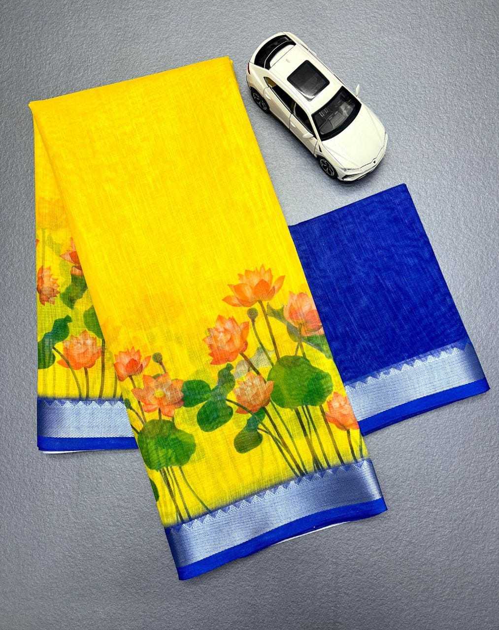 Linen Printed Saree in Lime Green