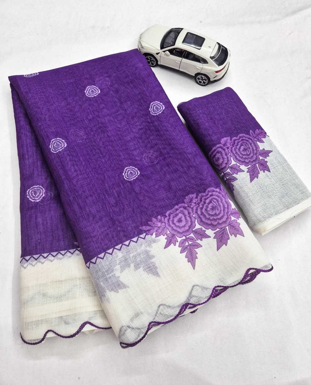 Linen Printed Saree in Salmon