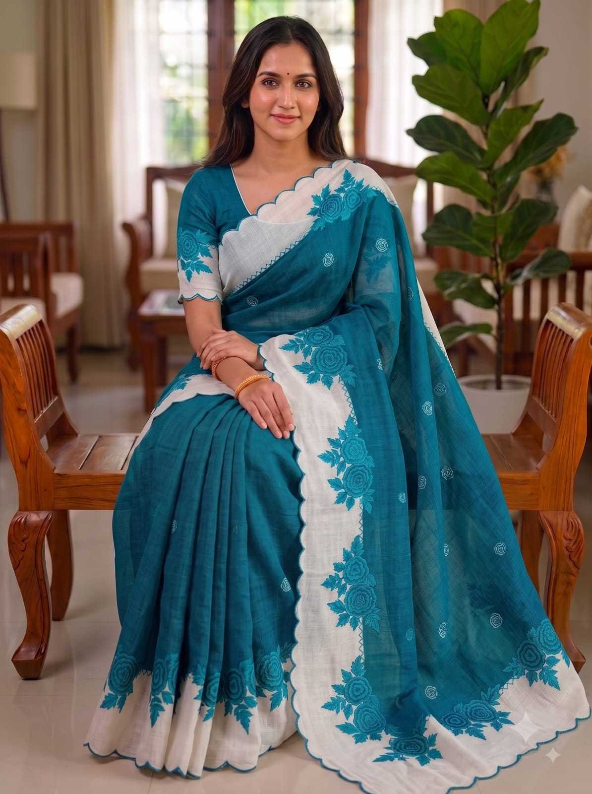 Linen Printed Saree in Orange