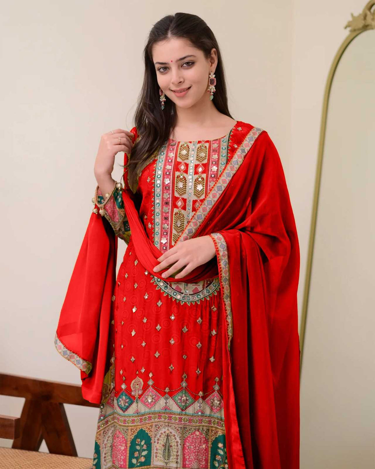 Ivory Chinon Silk Printed Suit