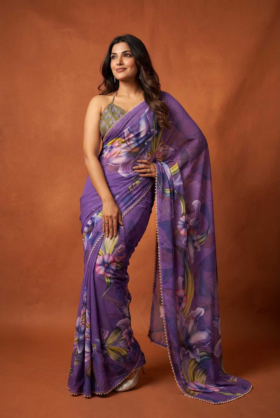 Georgette Printed Saree in Orange