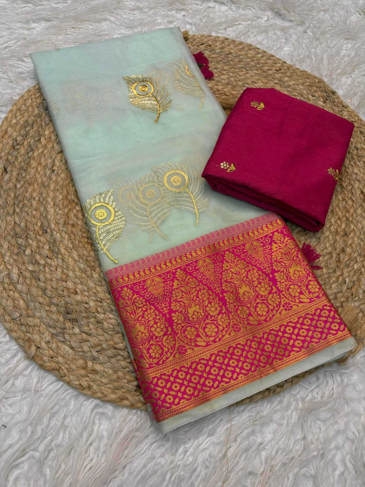 Rani Morepankh Organza Saree