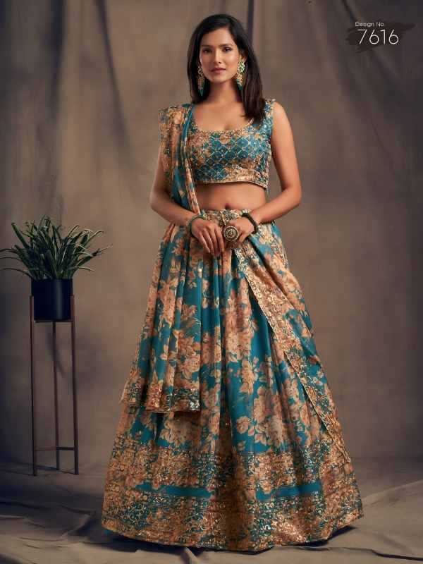 Organza Wedding Lehenga in Matching • 7616
