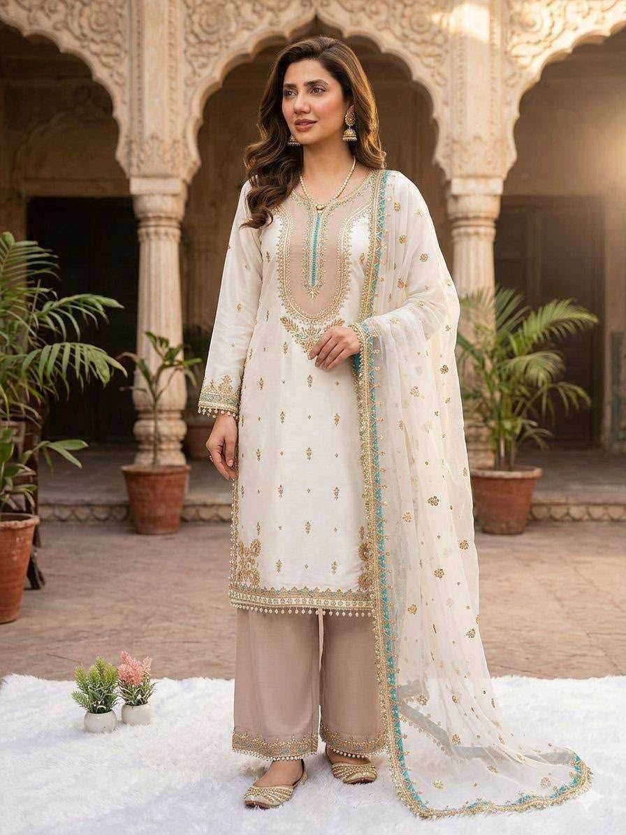 Crepe Silk Embroidery Suit in Black