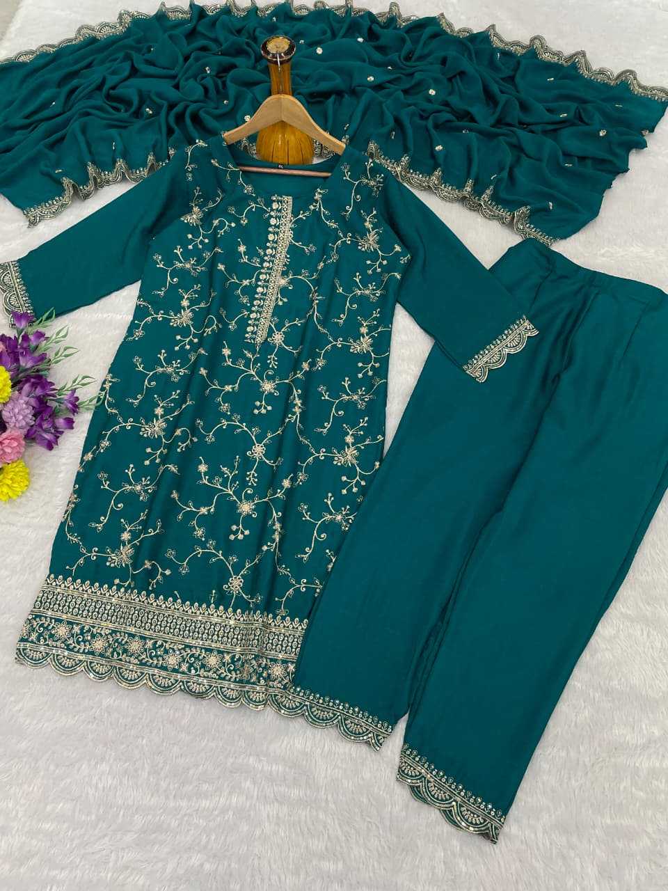 Chinon Silk Embroidery Suit in Sea Blue