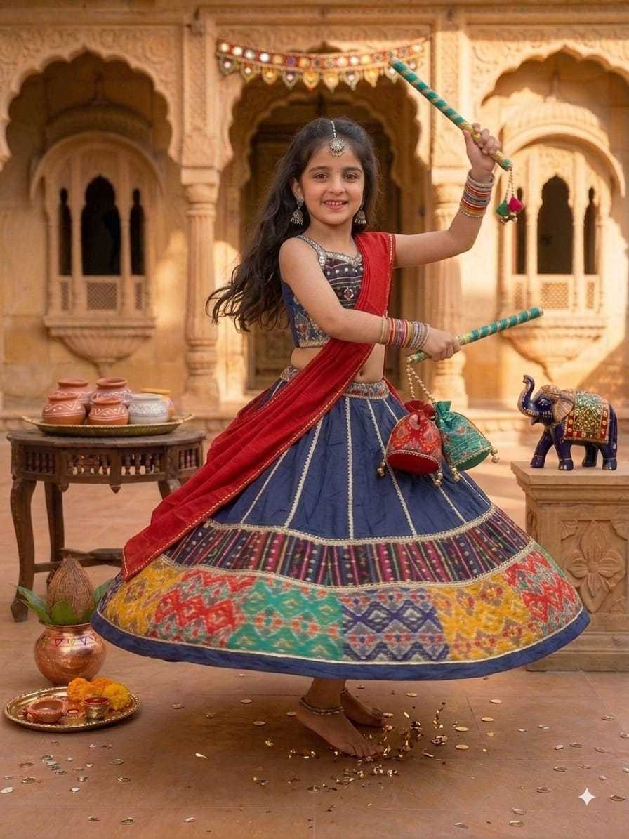 Lado Cotton Kids Lehenga in Rama